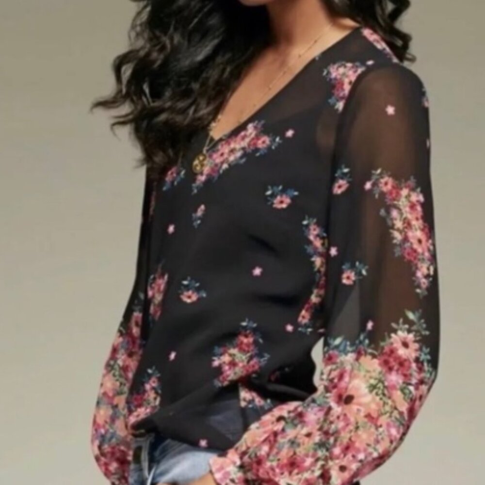 CAbi #3594 Blooming Blouse Semi-Sheer Black Floral V-Neck Size S